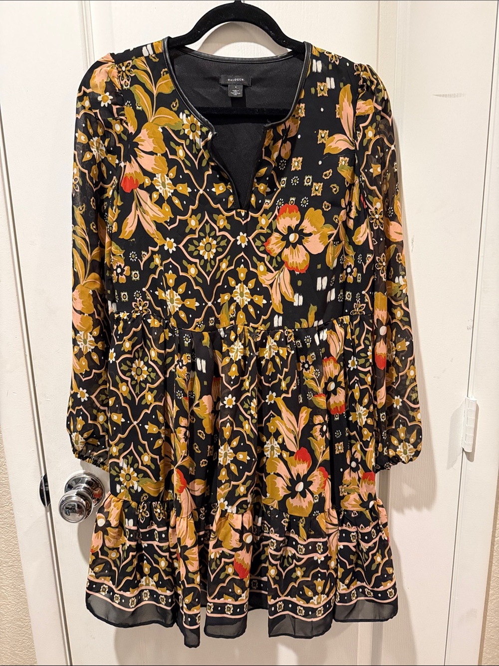 EUC Halogen Black Floral Tiered Mini Dress with Pink and Gold Accents